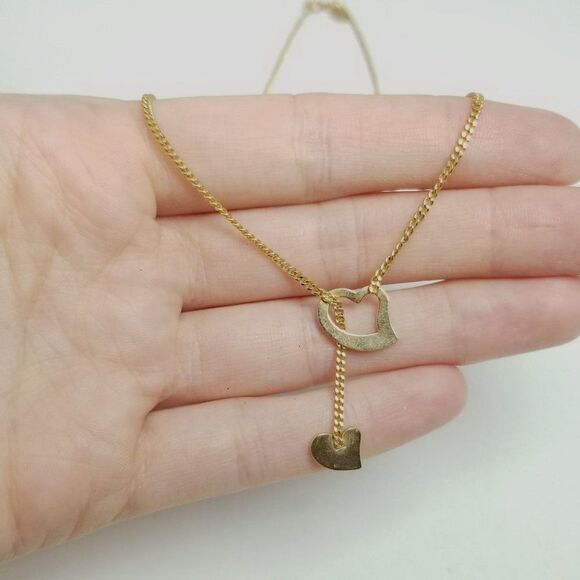 Vintage Avon Y Shape Lariat Heart Pendant Necklace, Gold Tone, Signed Estate - Picture 1 of 6